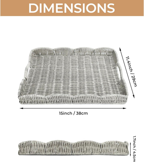 Rectangle Wicker Scalloped Tray, Hand Woven Synthetic Rattan Serving Tray with Handles, Coffee Table Decorative Tray