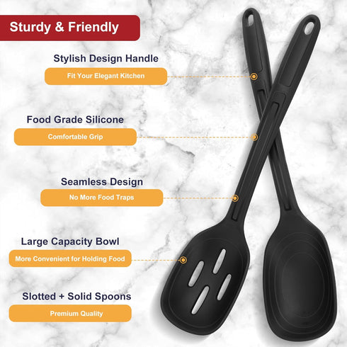 Silicone Cooking Spoon Set - Premium Non-Stick Solid and Slotted Spoon Pack of 2 for Mixing, Serving, Stirring