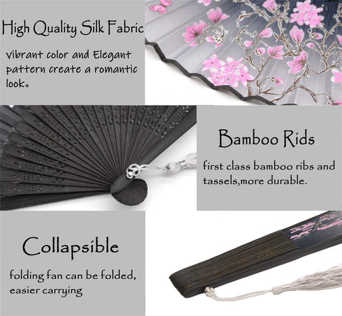Small Folding Hand Fans for Women - 2pcs Vintage Bamboo Silk Fans for Dance, Music Festival, Wedding, Party (Grey &
