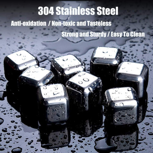 DERGUAM 8 Packs Fast-Cooling 304 Stainless Steel Ice Cubes, Whiskey Stones with Wine Opener, Nonslip Ice Tong & Tray
