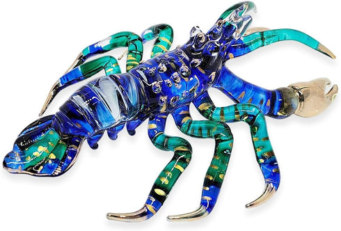 6" Tiny Blue Green Gold Dots Lobster Figurine - Miniature Hand Blown Painted Glass Shrimp Prawn Crustacean Crystal Sea