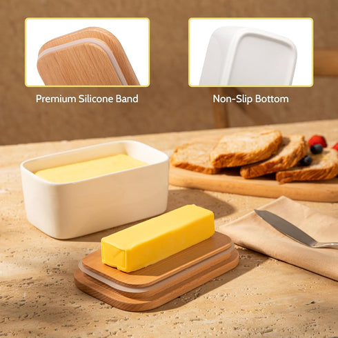 2 Sweese Large Butter Dish - Airtight Butter Keeper Holds Up to Sticks of Butter - Porcelain Container with Beech