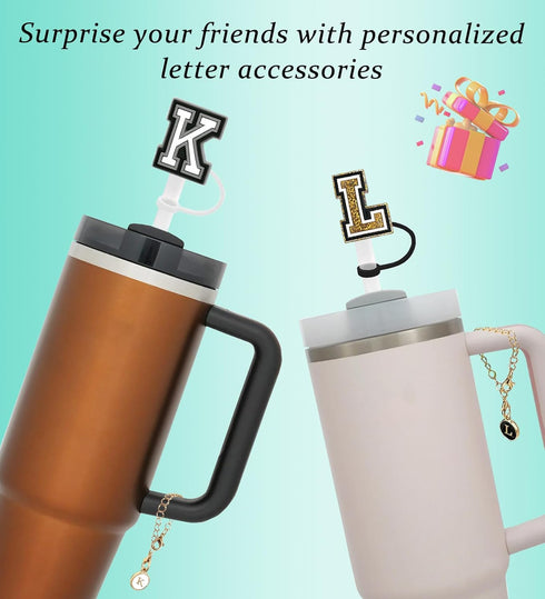 (3 +3) 3PCS Nuozme Straw Cover 10mm for Stanley Tumbler Cup, Reusable Straw Cap Topper with 3 Initial Letter Charms,