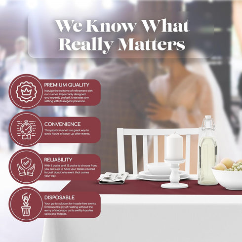 12 Pack 14 108 Inch. Burgundy Premium Disposable Plastic Table Runner x Table Runner for Dinner Parties & Events by
