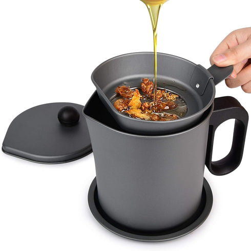 MORDEN MS Bacon Grease Container: 1.7L Grease Saver with Strainer, Iron Cooking Oil Can, Gray