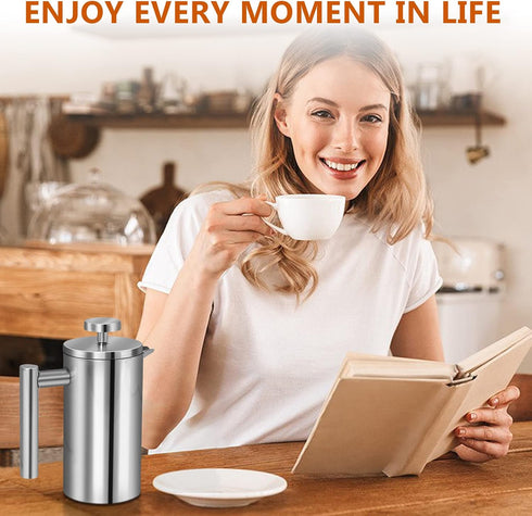 Stainless Steel French Press Coffee Maker, Double Wall Insulated, 50oz/1500ml, with 3 Extra Screens, Silver