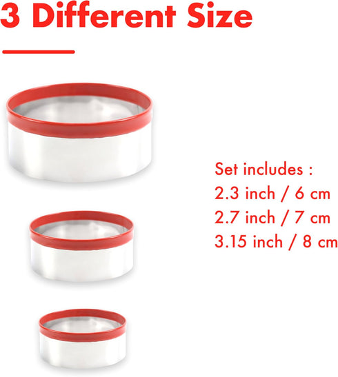 3 Pcs Round Cookie Cutters, Circle Biscuit Cutter for Baking, 0.4mm Food-Grade Stainless Steel, Red Soft Rubber Top for