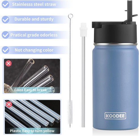 koodee Water Bottle with Straw, 12 oz Stainless Steel Double Wall Vacuum Insulated for School, BPA Free (Royal Blue)