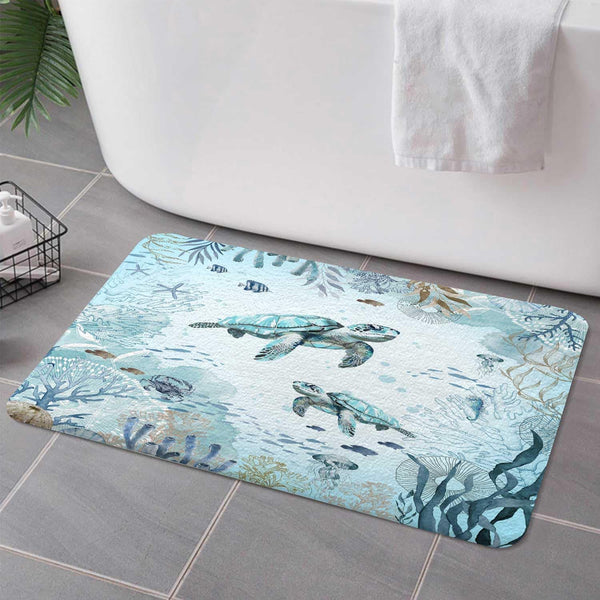 Sea Turtle Bath Rugs for Bathroom, Teal Blue Ocean Beach Coastal Non Slip Flannel Bath Mat, 17x29 Inch