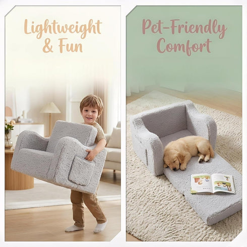 2-in-1 Cozy MOMCAYWEX Kids Sofa, Flip-Out Foam Couch with Soft Sherpa Cover, Play Lounge Chair, Grey