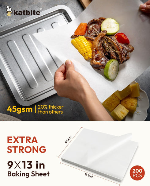 katbite 200Pcs 9x13 inch Heavy Duty Parchment Paper Sheets, Precut Parchment Paper for Quarter Sheet Pans Liners, Baking Cookies, Bread, Meat, Pizza, Toaster Oven (9"x13") by katbite