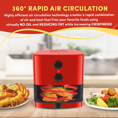 Elite Gourmet EAF-3218R Personal 1.1 Quart Compact Electric Hot Air Fryer - Oil-Less Healthy Cooker with Timer, Red