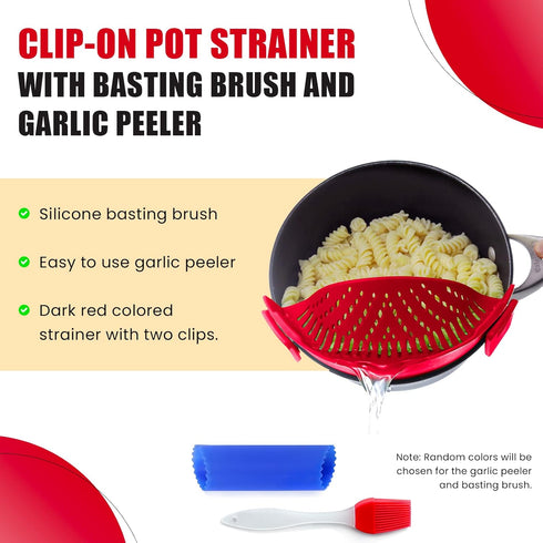 Clip On Kitchen Food Strainer for Spaghetti, Meat, Pasta, & Ground Beef Grease - Includes Silicone Drainer, Brush &