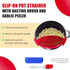 Clip On Kitchen Food Strainer for Spaghetti, Meat, Pasta, & Ground Beef Grease - Includes Silicone Drainer, Brush &