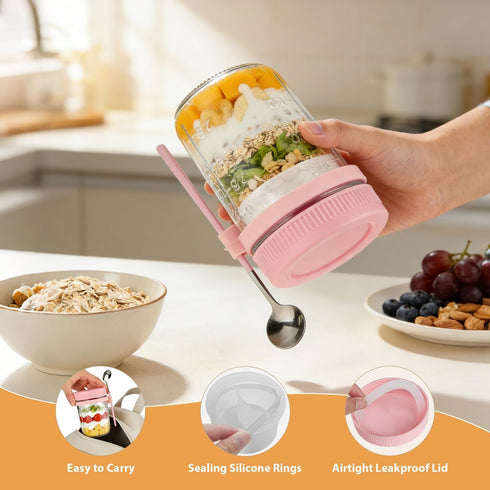 Torchero 4 Pack 16 oz Overnight Oats Containers with Lids and Spoons - Glass Mason Jars with Separate Compartments
