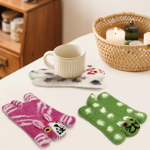 TaiPal Set 3 Handmade Wool Felt Cat Coasters - Adorable Cats - Shaped Drink Coasters,Non-Slip Cup Mats for Cat Loves