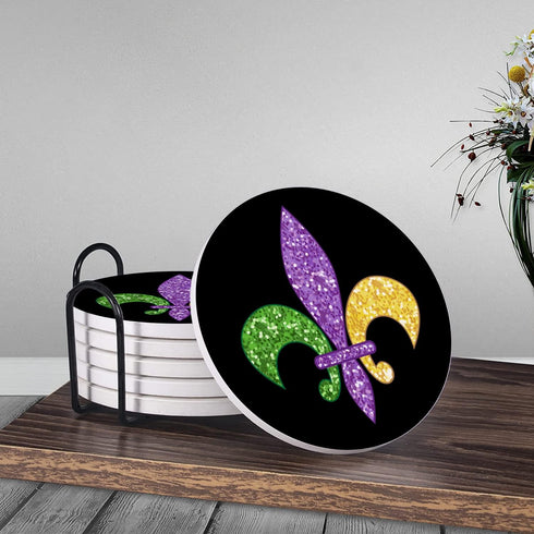 HUXJOKO Set 6,Fleur Coasters for Drinks of De Lis Mardi Gras Absorbent Ceramic Coaster,Round Stone Mat,with Cork Base