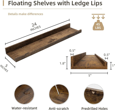 Set 4, 24 inch Acovy Picture Ledge Shelf, Wood Floating Shelves of Picture Ledge Shelves, Photo Ledge Nursery Book