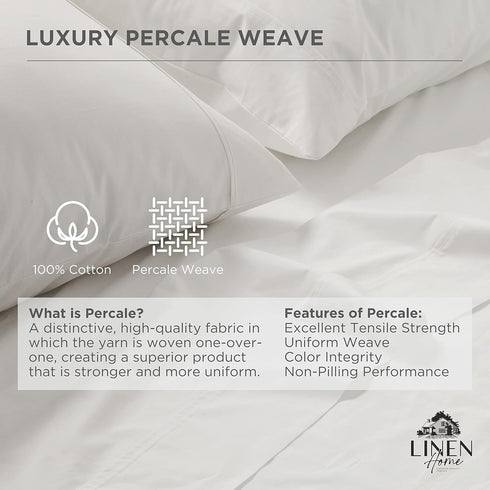 Linen Home 100% Cotton Percale Pillowcases, King Size, White, 2 Pieces, 20 inches X 40 inches