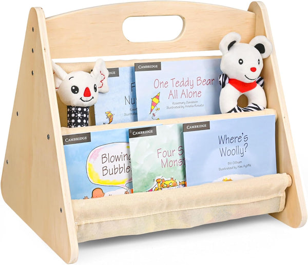 AZSKY Double-Sided Toddler Bookshelf for Kids, Montessori Bookshelf to Display Books, Sling