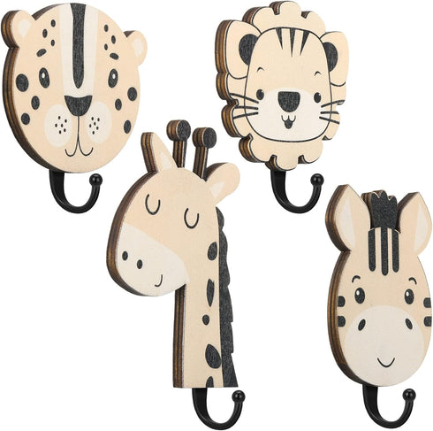 Qunclay 4 Pcs Safari Animal Wall Hooks for Kids, Wooden Jungle Baby