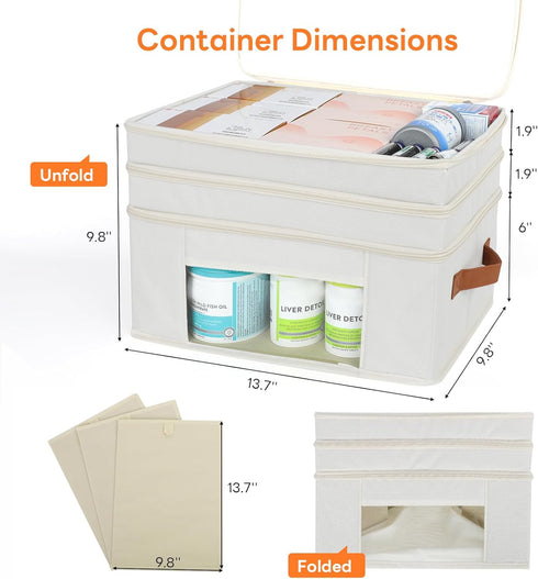 3-Tier Medicine Organizer for Cabinet, Foldable Medicine Storage Box with Clear Cover and Leather Handle, Empty First