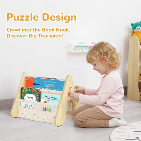 Toddlers,4 Wooden Kids Bookshelf with Double Side, Montessori Book Shelf for Tier Sling Book Rack for Baby Nursery