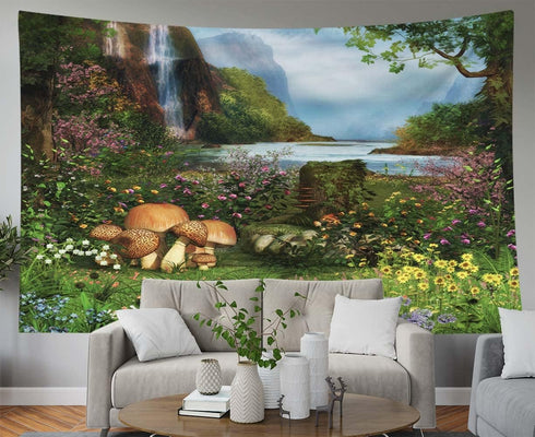 Crannel Painting Tapestry Blanket - Beautiful Scenic View Enchanted Garden Waterfall River Wall Art 92.5X70.9 Inches