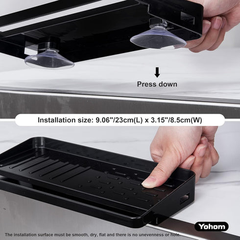 YOHOM 2-in-1 Suction Cup Sponge Holder for Kitchen, Undermount Sink Plastic Scrubber Tray Organizer (Black)