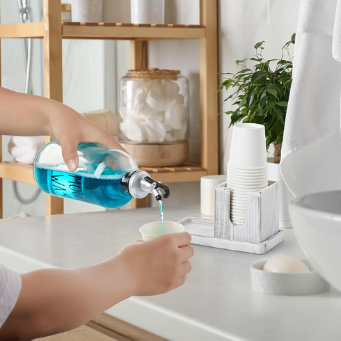 16 OZ Glass Mouthwash Dispenser for Bathroom, Mouthwash Dispenser with Pour Spout and White Washed Wood Cup Holder