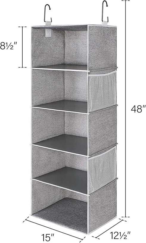5-Shelf Closet, Closet 2 12 12" 15" 48" StorageWorks Hanging Shelves for Foldable Hanging Organizers with Side Pockets