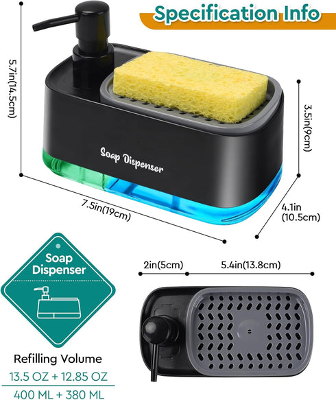 Kitchen Dish Soap Dispenser Set, 3-in-1 Countertop Sponge Dual Soap Pump Dispenser with Holder for Kitchen Sink - Black