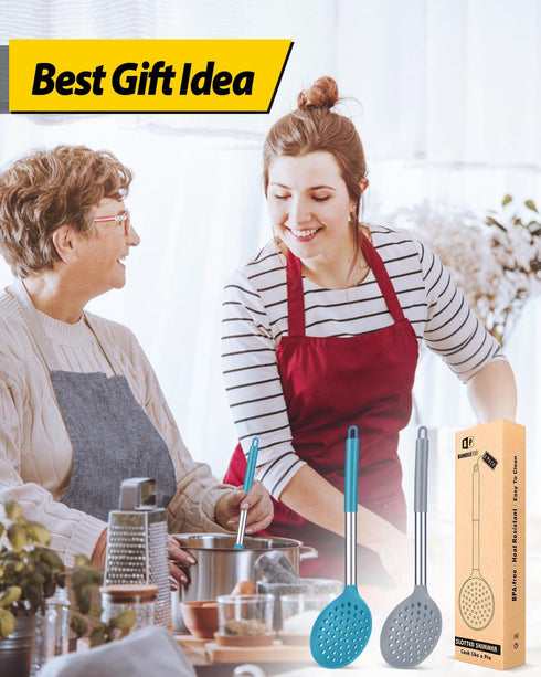 Kitchen Ladle Strainer Set of 2, Large Slotted Spoon with High Heat Resistant BPA Free Non Stick Cooking Skimmers (Grey