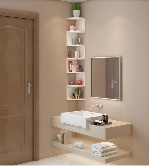 7-Tier No-Drill Corner Shelf Wall Mount, Floating Corner Bookshelf with Hooks, Space-Saving Zigzag Plant Shelf
