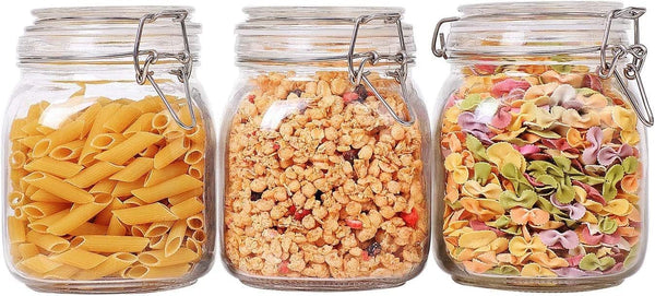 ComSaf Airtight Glass Canister Set of 3, 34oz Food Storage Jar - Square Storage Container with Clear Preserving Seal