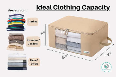 Clothing Storage Bags Clothes Organizer folding fabric bags for sweaters, clothing, garment, bedding, quilt, linens, large folding organizers with zip & window, mothproof underbed space saver bins by Chaos Cleared