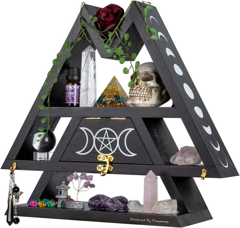 Pracaniz Crystal Shelf with Flap Drawer & Hooks for Wall & Desktop, Moon Holder as Witchy Room Decor