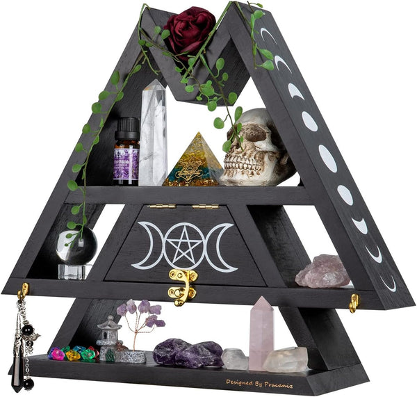 Pracaniz Crystal Shelf with Flap Drawer & Hooks for Wall & Desktop, Moon Holder as Witchy Room Decor