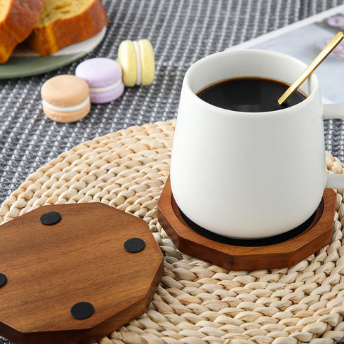 LiWiBet 4.3 Inch Set 6 Wood Coasters for Drinks Absorbent with Lip, Rustic Acacia Wood Black Felt Coaster with Holder