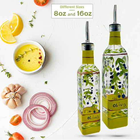 16 oz Hand Painted Glass Oliva Branch Oil/Vinegar Glass Cruet for Kitchen, Olive Oil Dispenser With Stainless Steel