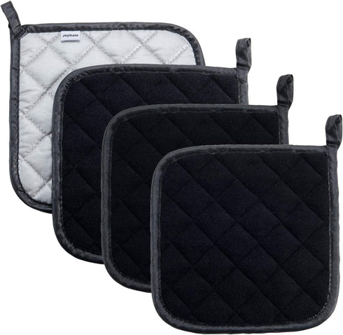 Joyhalo 4 Pack Black Pot Holders - Heat Resistant Terry Cloth Oven Hot Pads