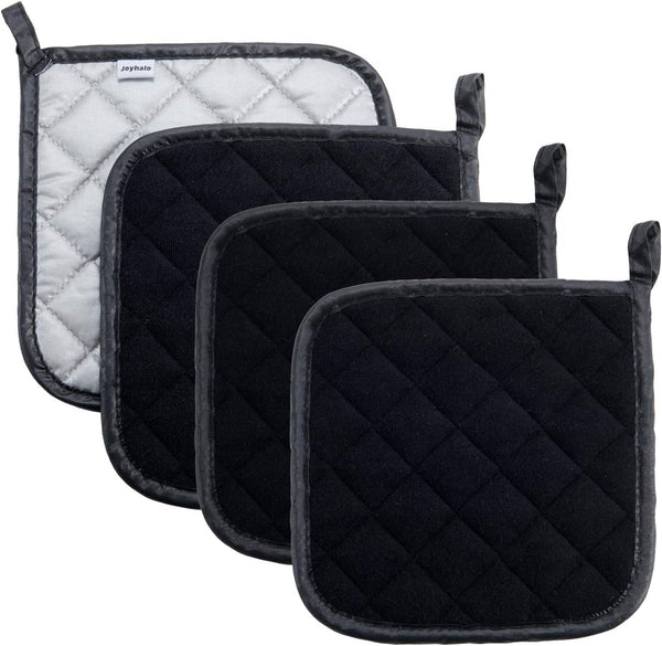Joyhalo 4 Pack Black Pot Holders - Heat Resistant Terry Cloth Oven Hot Pads