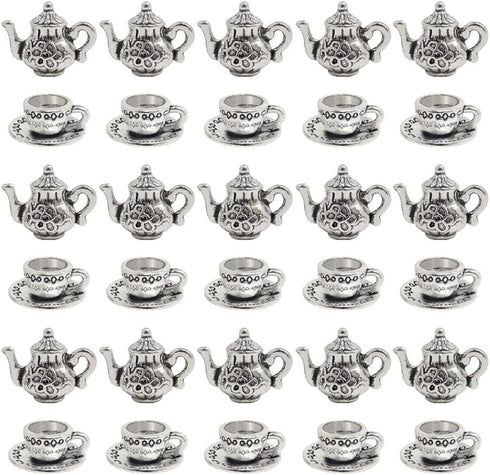30 Pcs Metal Teapot Tea Cup Charms, Mini Coffee Mug Pendants for DIY Crafts Jewelry - Silver