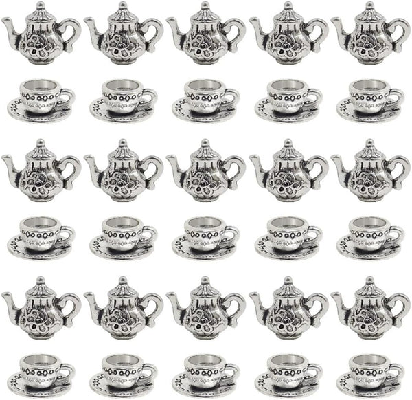 30 Pcs Metal Teapot Tea Cup Charms, Mini Coffee Mug Pendants for DIY Crafts Jewelry - Silver