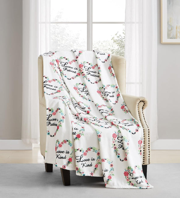 Spring Wedding Fleece Throw Blanket: Love is Kind Patient Pink White Red