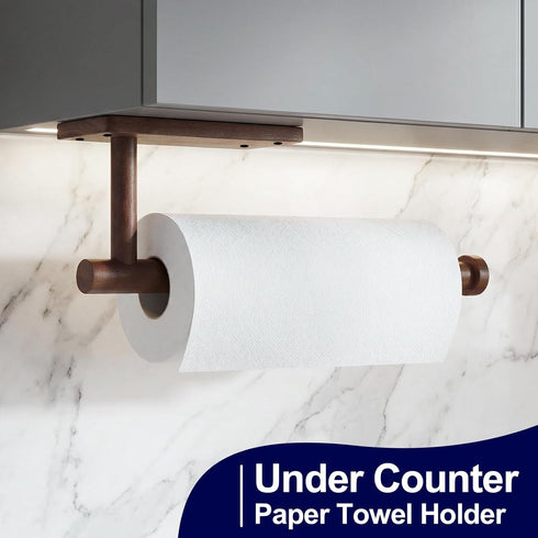 Wooden Paper Towel Holder for Kitchen,Adhesive Acacia Wood Paper Towel Holders Under Cabinet, Wall Mount Kitchen Paper