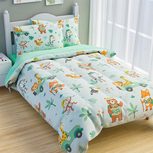Set 98x86in 4 Set 1 2 1 SANDJEST Jungle Animal Comforter Full Size for Kids Boys, Microfiber Pcs Bedding Includes