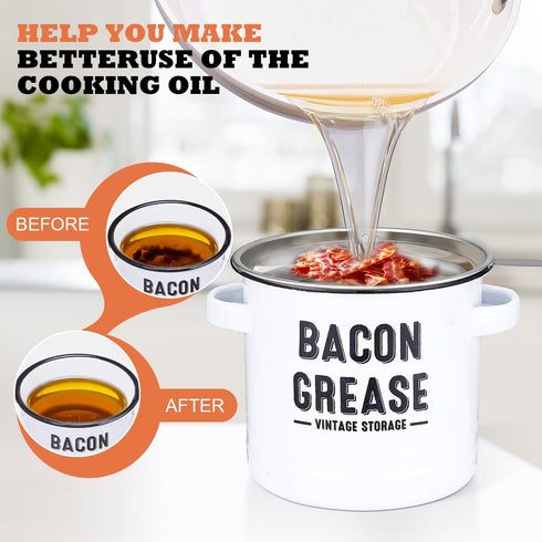 46OZ Bacon Grease Container with Strainer - Large Kitchen Oil Storage Can, Food Saver Bin with Lid | Farmhouse Cooking