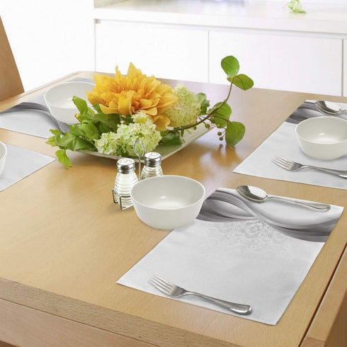 Ambesonne Grey Place Mats Set of 4, Vintage Damask Inspired Wavy Stripes with Flowers, Washable