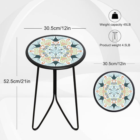 12" LIFFY Patio Side Table, Outdoor Metal Side Table with Glass Top, Indoor Round Accent End Table for Living Room